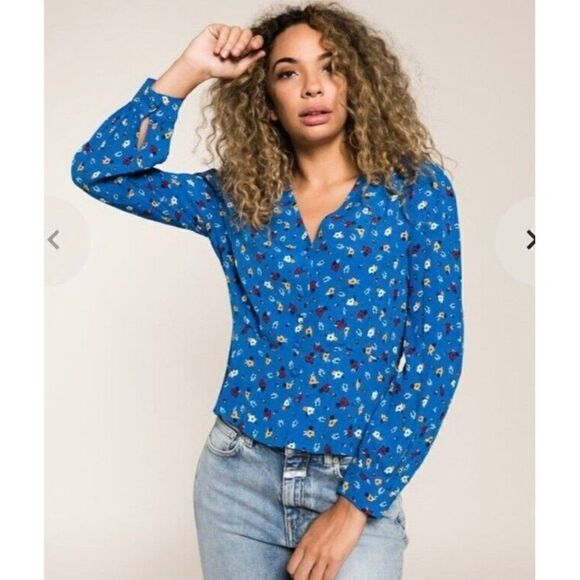 ba&sh Tops - ba&sh Lali Blue Floral Button V Neck Long Sleeve Blouse Women's Size Small